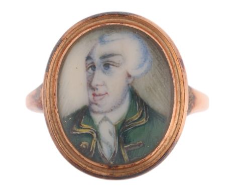 A Georgian 'John Wilkes' miniature portrait ring, circa 1770, the oval ivory panel beneath convex glass having watercolour po