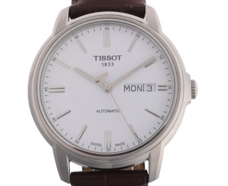 TISSOT - a stainless steel Automatics III calendar wristwatch, ref. T065430A, white dial with silvered baton hour markers, pe