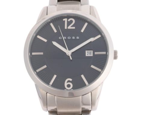 CROSS - a stainless steel Gotham quartz calendar bracelet watch, ref. CR8002-11, black fluted dial with brushed silvered Arab