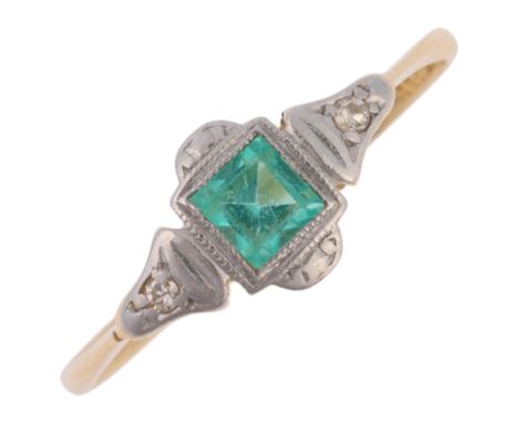 An Art Deco 18ct gold emerald and diamond panel ring, platinum-topped set with square step-cut emerald and single-cut diamond