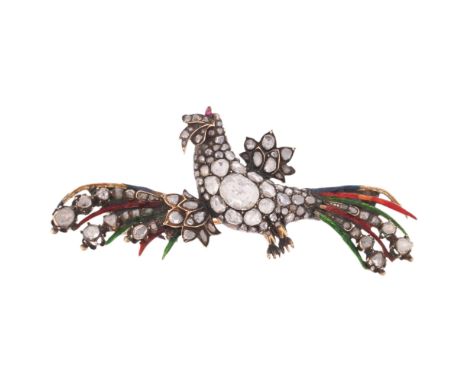A rare Antique Georgian diamond and enamel 'Bird Of Paradise' brooch, circa 1750, set throughout with rose-cut diamonds and p