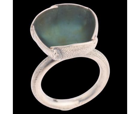 A Danish modernist sterling silver green enamel flowerhead ring, with textured decoration, setting height 18.7mm, size P, 9.4