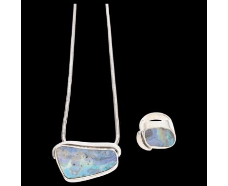 HARALD WILLIAM JENSEN - a Danish modernist sterling silver boulder opal pendant necklace and ring set, pendant 45mm, silver c