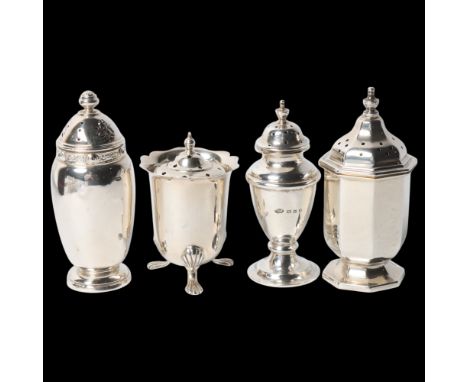 5 silver pepperettes, including Art Deco examples, largest 8cm, 4.8oz total (5) No damage or repair, only light surface wear