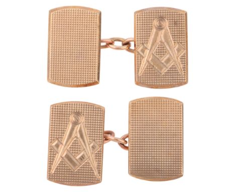 A pair of Vintage 9ct gold Masonic cufflinks, maker LW & G, London 1966, rectangular form with engraved chapter motif and eng
