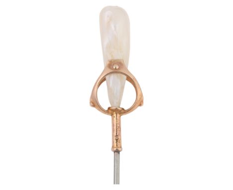 MURRLE BENNETT & CO - an Arts and Crafts 9ct gold Baroque pearl stickpin, early 20th century, the openwork frame enclosing an