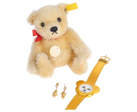 STEIFF - a group of Steiff collectables, including Teddy's watch, original teddy bear, and pair of earrings (3) . Condition R