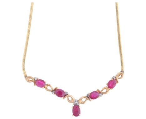 A 9ct gold ruby and diamond collar necklace, claw set with oval mixed-cut rubies and single-cut diamonds, on 9ct herringbone 