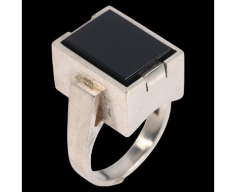 SVEN HAUGAARD - a Danish modernist sterling silver black onyx geometric ring, plain rectangular form with flat-top onyx, sett