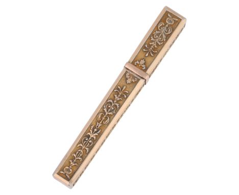 An Antique French silver-gilt needle case, maker JHB, tapered rectangular form with applied foliate decoration, 7cm, 9g . Con
