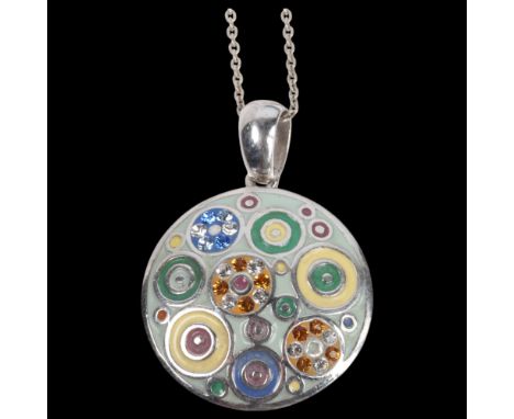 S OLIVER - a modern sterling silver enamel and rhinestone abstract pendant necklace, on sterling cable link chain, pendant 32