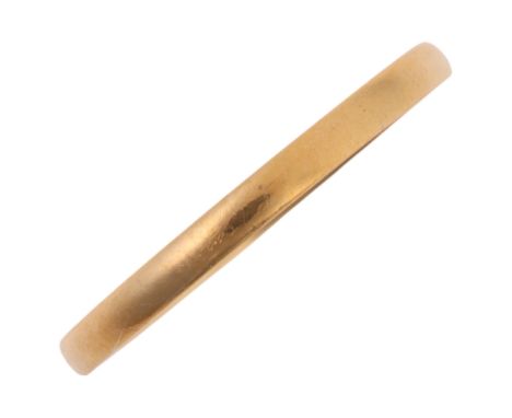 A 22ct gold wedding band ring, W Wilkinson Ltd, London 1928, band width 2mm, size O, 2.3g . Condition Report:No damage or rep