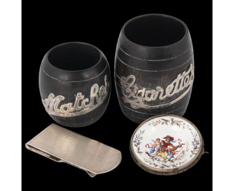 Various silver, including graduated pair of Art Deco silver-mounted ebony cigarettes and matches barrels, silver money clip, 
