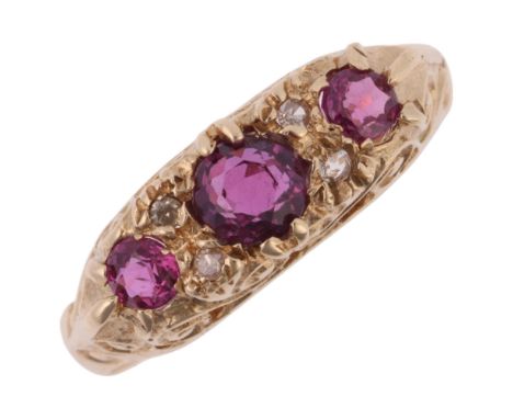 A 9ct gold seven stone ruby and diamond half hoop ring, maker RJC, Sheffield 1977, in the Victorian style, setting height 6.5