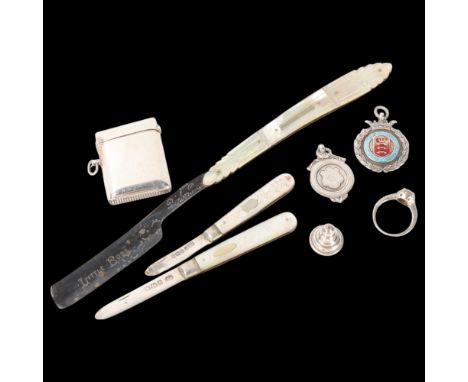 Various silver, including 1911 Vesta case, mother-of-pearl handled steel 'Little Bobs' barber's cut-throat razor, football le