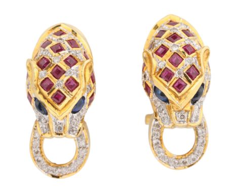 A pair of 18ct gold ruby sapphire and diamond panther earrings, with clip and post fittings, set with square step-cut rubies,