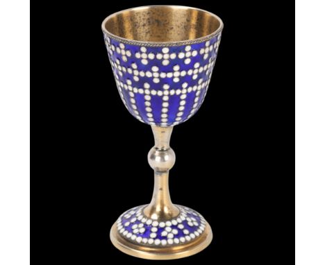 A Russian silver-gilt enamel Vodka goblet, Cyrillic maker's mark, 10cm, 2.6ozNo damage or repair, no enamel loss, marked 916