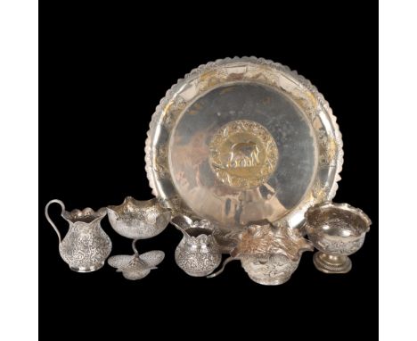 Various Indian silver, including Kutch cream jug, tea tray, etc, tray 30cmLot sold as seen unless specific item(s) requested