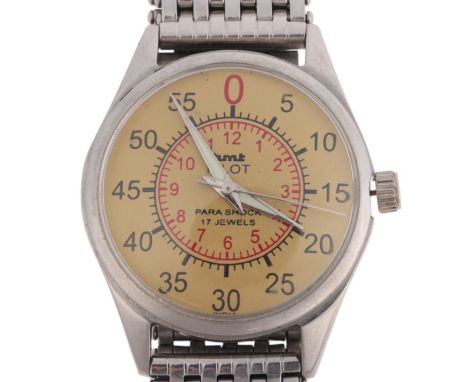 HMT - a stainless steel Pilot Para Shock mechanical bracelet watch, silvered dial with red inner Arabic hour markers, black o
