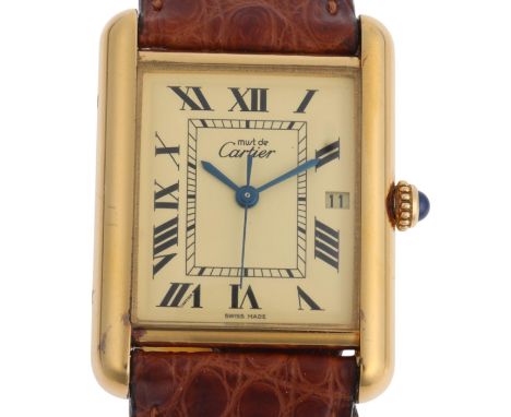 MUST DE CARTIER - a vermeil sterling silver Tank quartz calendar wristwatch, ref. 2413, circa 2006, champagne dial with black