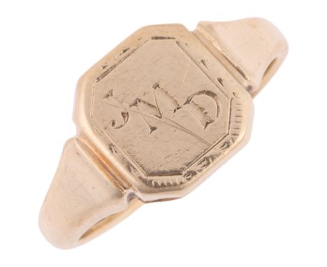 A 9ct gold signet ring, maker A & Co, Birmingham 1957, setting height 9.2mm, size K, 3.3g . Condition Report:No damage or rep