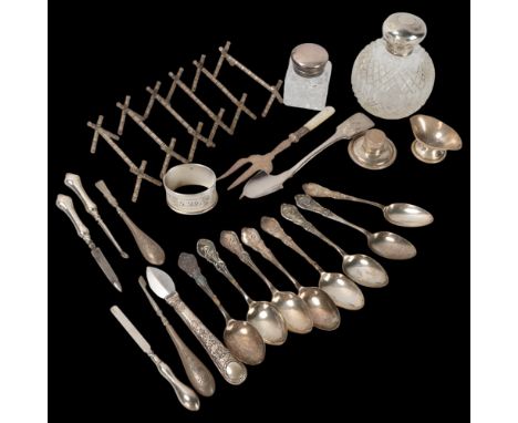 Various silver and plate, including set of 8 novelty bowling teaspoons, dressing table scent bottle, etc, 7oz weighableLot so