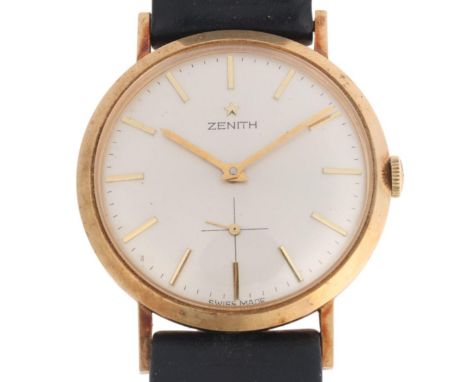 ZENITH - a 9ct gold mechanical wristwatch, circa 1960s, silvered dial with gilt baton hour markers, pencil hands and subsidia