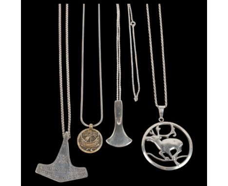 4 Vintage Scandinavian silver pendant necklaces, including Viking Revival Thor's hammer, Art Deco style reindeer, 69.4mm, etc