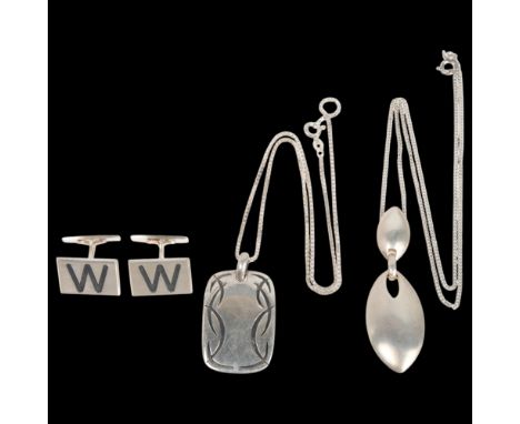 Various Danish modernist sterling silver jewellery, comprising pendant necklace and cufflinks by Christian Bastiansen, and pe