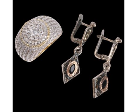 A sterling silver-gilt cubic zirconia cluster ring, size L, and a pair of silver marcasite drop earrings, 31.3mm, 11.7g total