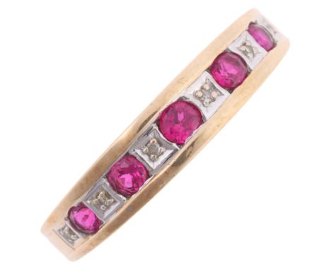 A 9ct gold ruby and diamond half eternity ring, maker MJ, set with round-cut rubies and single-cut diamonds, setting height 4