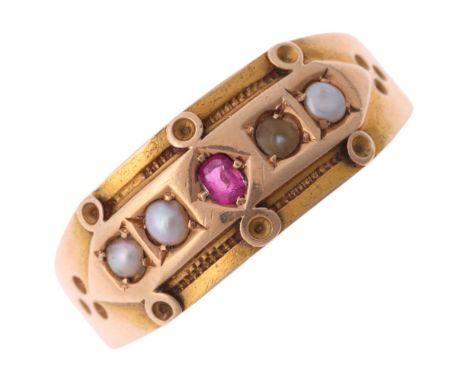 An Antique Victorian 15ct gold five stone ruby and split pearl half hoop ring, indistinct maker, Birmingham 1885, setting hei