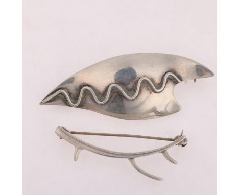 2 Danish modernist sterling silver abstract brooches, makers include Jens Tage Hansen and Knud Boye, largest 60.4mm, 12g tota