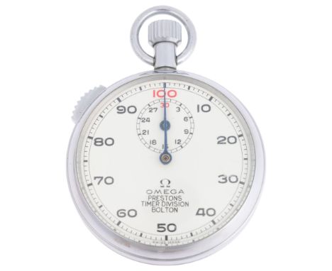 OMEGA - a Vintage chrome open-face keyless stop watch, circa 1960, white dial with black Arabic numerals, subsidiary dial for
