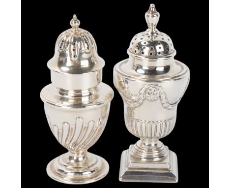 2 Victorian silver pepperettes, comprising urn with square base, William Hutton, London 1895, and urn with circular base, Ric