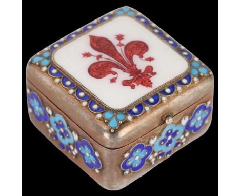 A Continental 800 silver-gilt enamel powder/stamp box, with hand painted fleur-de-lis cover, 3.5cm1 extremely light dent on b
