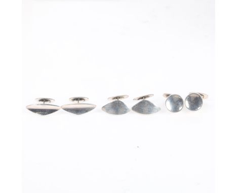 3 pairs of Danish modernist silver cufflinks, makers include C M Bertelsen, largest panel 32.8mm, 34.4g total (3 pairs) . Con