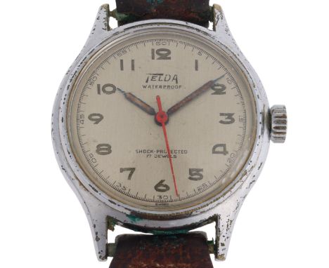 TELDA - a Vintage stainless steel mechanical wristwatch, circa 1950s, silvered dial with Arabic numerals, blued steel syringe
