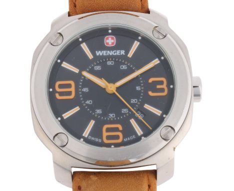 WENGER - a stainless steel Escort D quartz calendar wristwatch, ref. 1051.10, black dial with orange quarterly Arabic numeral