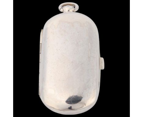 A late Victorian silver double-sovereign case, oval form with 2 full sovereign coin holders spring-loaded compartments, havin
