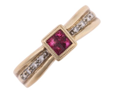 A 9ct gold ruby and diamond ring, rub-over set with calibre-cut rubies and modern round brilliant-cut diamonds, setting heigh
