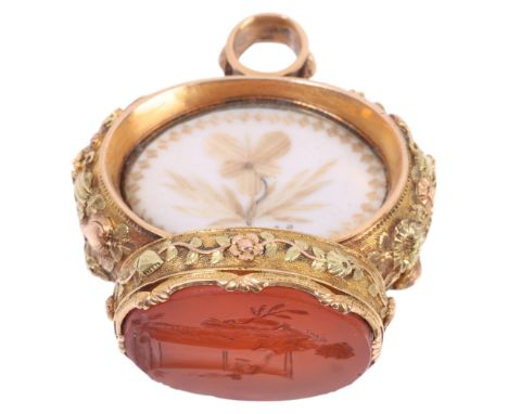 A rare Antique French Regency 18ct two-colour gold carnelian seal fob, circa 1820, the closed crescent style top having doubl