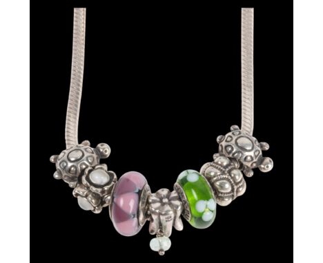 PANDORA - a sterling silver snake link charm necklace, with 7 charms and 2 spacers, 41cm, 54.4g . Condition Report:No damage 