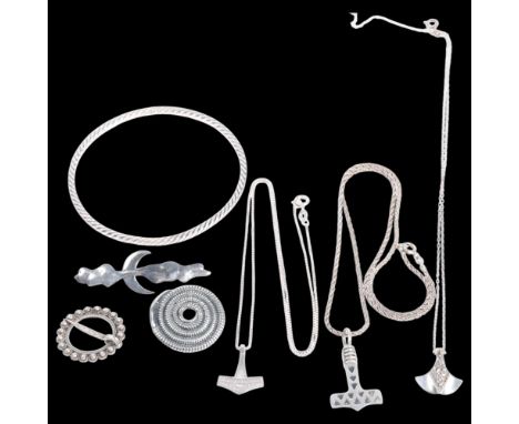 A group of Scandinavian silver Viking Revival jewellery, makers include Jens Johs Aagaard, comprising 3 pendants, 3 brooches,