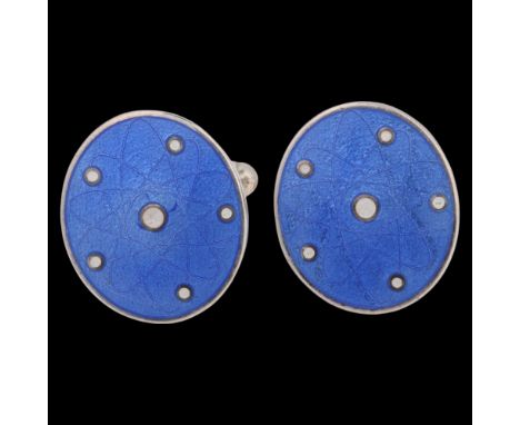 A pair of sterling silver and enamel 'Atom' cufflinks, panel 20.5mm, 13.6g . Condition Report:Both central white enamel panel