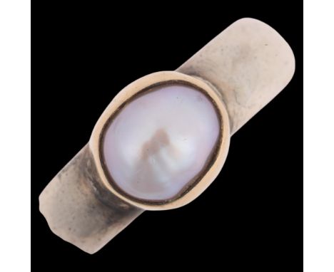 A Danish modernist sterling silver-gilt pearl band ring, indistinct maker, setting height 8.8mm, size R, 10g . Condition Repo