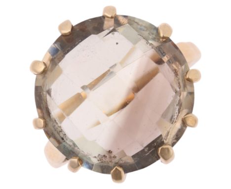 A Vintage 9ct gold smoky quartz dress ring, maker AJW, London 1967, claw set with round rose-cut smoky quartz, setting height