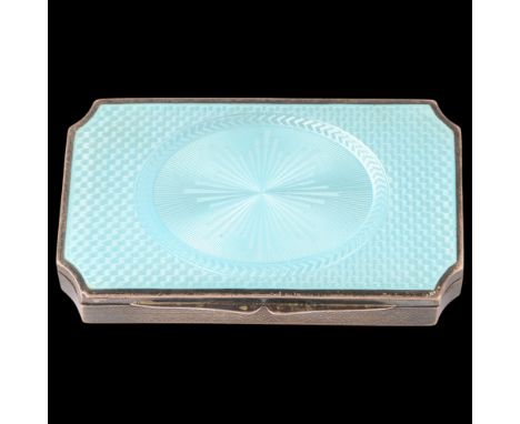 An Art Deco Continental silver blue enamel box, imported by Stockwell & Co, London 1927, rectangular form, with concave corne