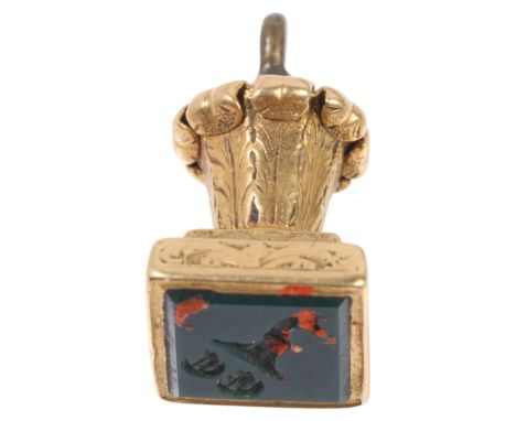 An Antique Victorian 18ct gold bloodstone seal fob, the square bloodstone intaglio carved with initials EC beneath head of a 