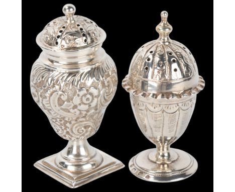 2 Victorian silver pepperettes, comprising egg-shaped example, by T & J Bragg Ltd, Birmingham 1888, and baluster example, by 